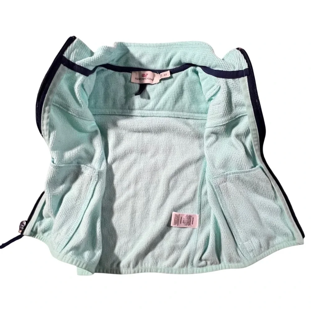 Vineyard‎ Vines Fleece Vest Kids 4T Mint Green Waffle Knit Whale Logo Zip Up